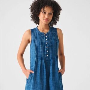 Faherty Isha Sleeveless Button Down Mini Dress in Indigo 100% Cotton size XL